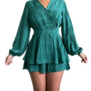 NWOT Forest Green Plaid Women's V Neck Romper
